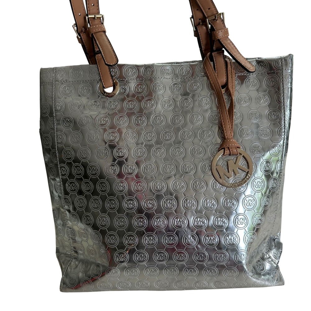 Michael Kors Metallic Silver Embossed Logo Statement Tote Bag Tan Leather Straps